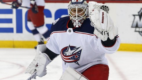 Keith Kinkaid warms up before playing against his old team, the New Jersey Devils