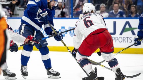 Adam Clendening goes up against Nikita Kucherov as the Columbus Blue Jackets take on the Tampa Bay Lightning 