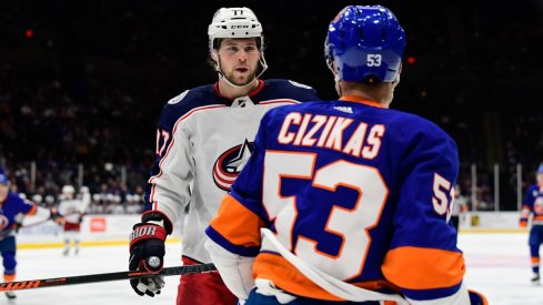 Josh Anderson stares down Casey Cizikas in between play during Blue Jackets-Islanders.