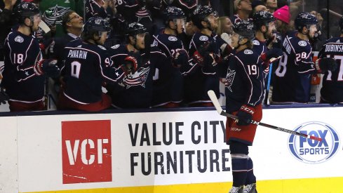 Columbus Blue Jackets left wing Ryan Dzingel (19) celebrates a goal against the Boston Bruins during the first period at Nationwide Arena. 