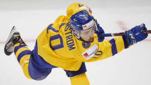 Emil Bemstrom takes a slapshot during the 2018 World Junior Championship.