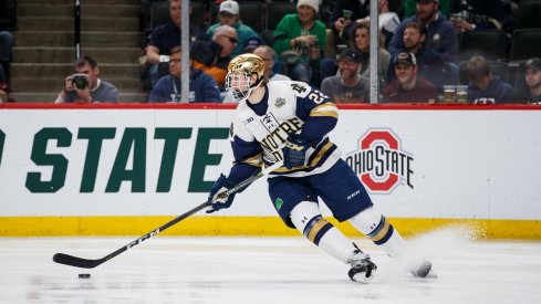 Andrew Peeke skates up the ice for the Notre Dame Fighting Irish during the 2018 NCAA Tournament.