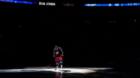 Cam Atkinson skates before a Blue Jackets playoff game 