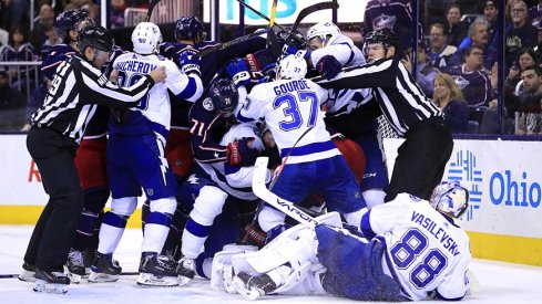 Things get chippy between the Columbus Blue Jackets and Tampa Bay Lightning at Nationwide Arena on Feb. 18, 2019.