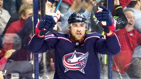 Brandon Dubinsky celebrates a goal for the Columbus Blue Jackets.