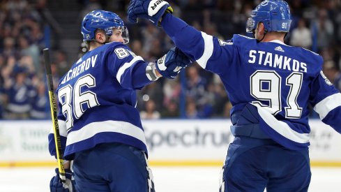 Nikita Kucherov celebrates a goal with Steven Stamkos at Amalie Arena