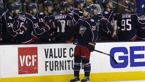 Apr 2, 2019; Columbus, OH, USA; Columbus Blue Jackets right wing Oliver Bjorkstrand (28) celebrates a goal during the third period against the Boston Bruins at Nationwide Arena.