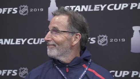 Columbus Blue Jackets head coach John Tortorella addresses the media after a practice during the 2019 Stanley Cup Playoffs.