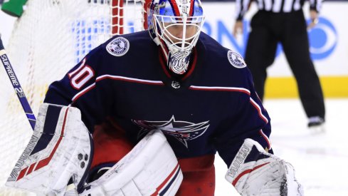 Columbus Blue Jackets Goaltender Joonas Korpisalo reacts to a puck headed in his direction against the Edmonton Oilers at Nationwide Arena.