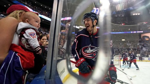 Columbus Blue Jackets center Matt Duchene (95) reacts to his wife and son prior to game four against the Boston Bruins in the second round of the 2019 Stanley Cup Playoffs at Nationwide Arena.