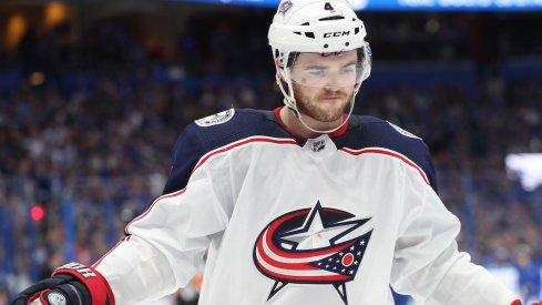 olumbus Blue Jackets defenseman Scott Harrington (4) during the second period of game one of the first round of the 2019 Stanley Cup Playoffs at Amalie Arena