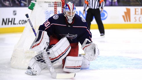 Columbus Blue Jackets goaltender Joonas Korpisalo (70) makes a save in net against the Edmonton Oilers in the third at Nationwide Arena. 