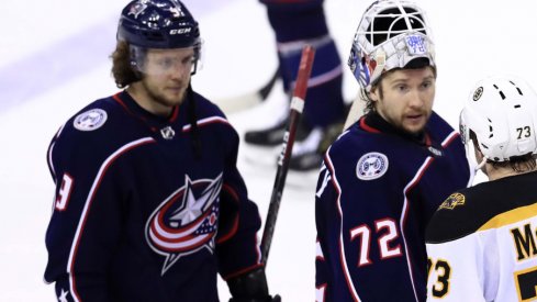 Columbus Blue Jackets forward Artemi Panarin and goaltender Sergei Bobrovsky shake hands after losing in six game to the Bruins in the 2019 Stanley Cup Playoffs