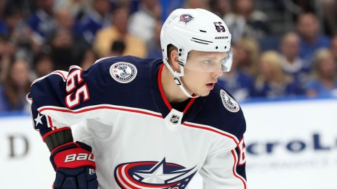 Columbus Blue Jackets defenseman Markus Nutivaara (65) during the first period of game two of the first round of the 2019 Stanley Cup Playoffs at Amalie Arena.