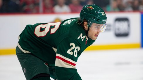  Minnesota Wild forward Pontus Aberg (26) looks on from the ice in the first period against Anaheim Ducks at Xcel Energy Center.