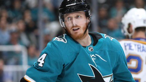 San Jose Sharks center Gustav Nyquist (14) stands on the ice during the third period against the St. Louis Blues in Game 5 of the Western Conference Final of the 2019 Stanley Cup Playoffs at SAP Center at San Jose. 