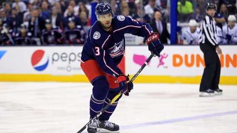 Apr 16, 2019; Columbus, OH, USA; Columbus Blue Jackets defenseman Seth Jones (3) against the Tampa Bay Lightning in game four of the first round of the 2019 Stanley Cup Playoffs at Nationwide Arena.