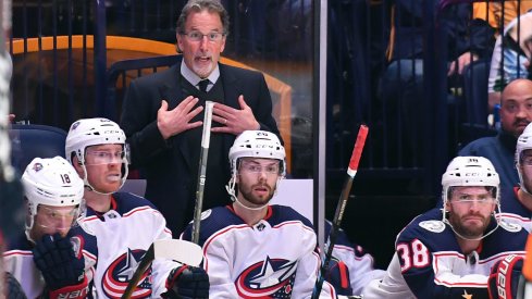 Mar 30, 2019; Nashville, TN, USA; Columbus Blue Jackets head coach John Tortorella questions a call from the bench during the second period against the Nashville Predators at Bridgestone Arena.