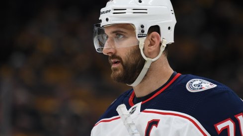 Nick Foligno looks on against the Boston Bruins