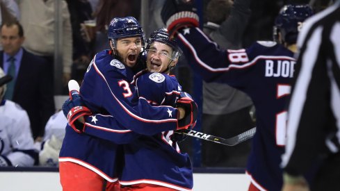 olumbus Blue Jackets defenseman Seth Jones (3) celebrates the goal scored by center Alexandre Texier (right) against the Tampa Bay Lightning in the first period during game four of the first round of the 2019 Stanley Cup Playoffs at Nationwide Arena