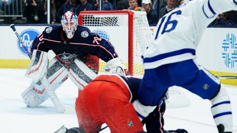 Columbus Blue Jackets goaltender Joonas Korpisalo (70) defends the net against the Toronto Maple Leafs in the first period at Nationwide Arena.