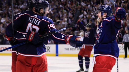 Alexandre Texier and Cam Atkinson celebrate a goal during the first round sweep of the Tampa Bay Lightning last season.