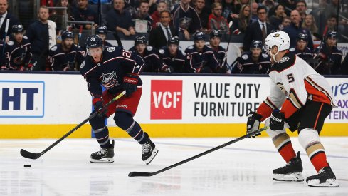 Columbus Blue Jackets center Riley Nash (20) carries the puck as Anaheim Ducks defenseman Korbinian Holzer (5) defends during the second period at Nationwide Arena. 