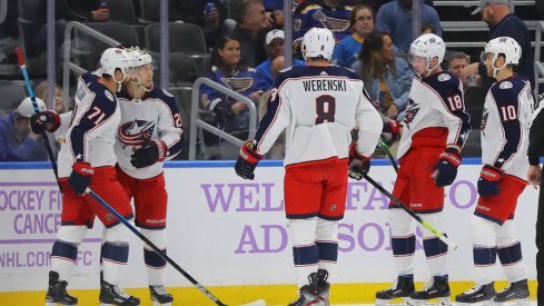 Nov 1, 2019; St. Louis, MO, USA; Columbus Blue Jackets right wing Oliver Bjorkstrand (28) is congratulated by teammates after scoring a goal against the St. Louis Blues during the second period at Enterprise Center. Mandatory Credit: Billy Hurst-USA TODAY Sports