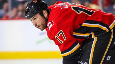 Calgary Flames left wing Milan Lucic (17) during the face off against the Florida Panthers during the second period at Scotiabank Saddledome. 