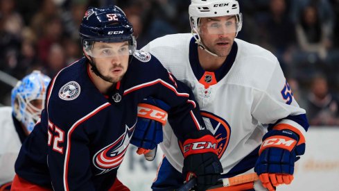 Oct 19, 2019; Columbus, OH, USA; Columbus Blue Jackets center Emil Bemstrom (52) skates against New York Islanders defenseman Johnny Boychuk (55) in the second period at Nationwide Arena.