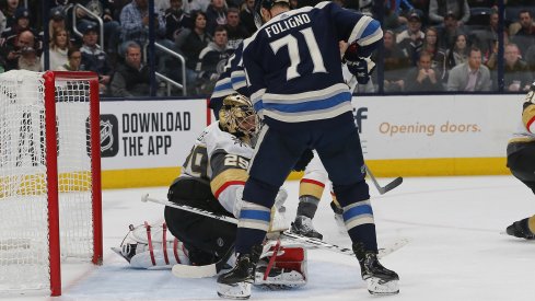 Nov 5, 2019; Columbus, OH, USA; Columbus Blue Jackets left wing Nick Foligno (71) looks for the rebound of a Vegas Golden Knights goalie Marc-Andre Fleury (29) save during the second period at Nationwide Arena. Mandatory Credit: Russell LaBounty-USA TODAY Sports