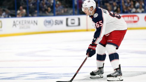 Columbus Blue Jackets defenseman Markus Nutivaara (65) during the second period of game one of the first round of the 2019 Stanley Cup Playoffs at Amalie Arena.