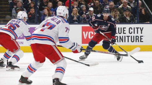 Dec 5, 2019; Columbus, OH, USA; Columbus Blue Jackets center Boone Jenner (38) shoots the puck against the New York Rangers during the first period at Nationwide Arena.