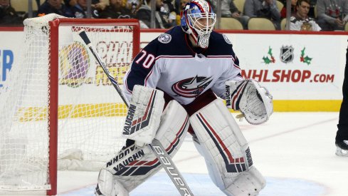 Nov 24, 2018; Pittsburgh, PA, USA; Columbus Blue Jackets goaltender Joonas Korpisalo (70) guards the net against the Pittsburgh Penguins during the second period at PPG PAINTS Arena. The Penguins won 4-2. Mandatory Credit: Charles LeClaire-USA TODAY Sports