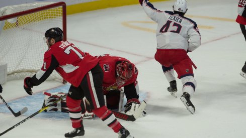 Dec 14, 2019; Ottawa, Ontario, CAN; Columbus Blue Jackets center Alexandre Texier (42) celebrates after scoring a goal past Ottawa Senators goalie Anders Nilsson (31) in the third period at the Canadian Tire Centre. Mandatory Credit: Marc DesRosiers-USA TODAY Sports