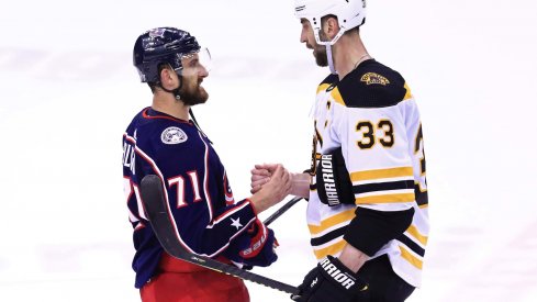 May 6, 2019; Columbus, OH, USA; Columbus Blue Jackets left wing Nick Foligno (71) shakes hands with Boston Bruins defenseman Zdeno Chara (33) after game six of the second round of the 2019 Stanley Cup Playoffs at Nationwide Arena. Mandatory Credit: Aaron Doster-USA TODAY Sports