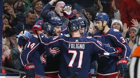 Gustav Nyquist, Boone Jenner, Nick Foligno, Zach Werenski and Seth Jones celebrate a goal for the Columbus Blue Jackets against the San Jose Sharks on Jan. 4 at Nationwide Arena.