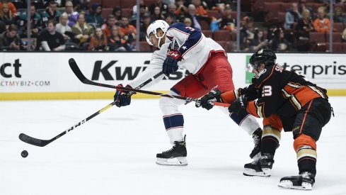 Blue Jackets defenseman Seth Jones shoots the puck on goal.