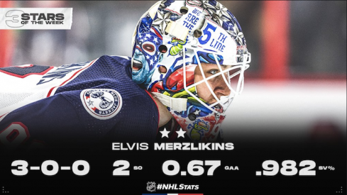 Elvis Merzlikins was named the NHL's second star of the week on Monday afternoon.