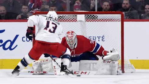 Columbus Blue Jackets forward Cam Atkinson (13) can not score against Montreal Canadiens goalie Carey Price (31) during the shootout period at the Bell Centre. 