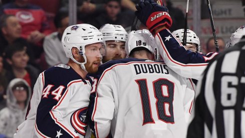 Feb 2, 2020; Montreal, Quebec, CAN; Columbus Blue Jackets defenseman Vladislav Gavrikov (44) reacts with teammates after scoring a goal against the Montreal Canadiens during the first period at the Bell Centre. Mandatory Credit: Eric Bolte-USA TODAY Sports