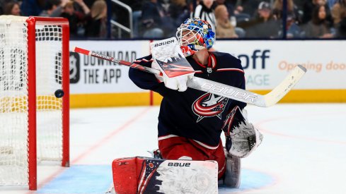 Feb 8, 2020; Columbus, Ohio, USA; Columbus Blue Jackets goaltender Elvis Merzlikins (90) reacts as he is unable to stop the game-winning goal by Colorado Avalanche center Nathan MacKinnon (not pictured) in the third period at Nationwide Arena. Mandatory Credit: Aaron Doster-USA TODAY Sports