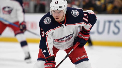 Apr 27, 2019; Boston, MA, USA; Columbus Blue Jackets right wing Cam Atkinson (13) gets set for a face-off during the first period in game two of the second round of the 2019 Stanley Cup Playoffs against the Boston Bruins at TD Garden.