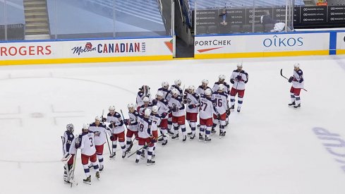 The Columbus Blue Jackets celebrate their Game 1 win over Toronto.