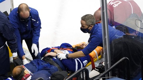 Jake Muzzin leaving Scotiabank Arena Tuesday evening