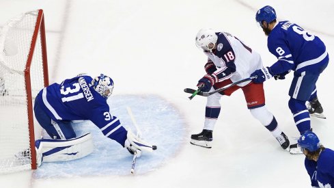 Frederik Andersen #31 of the Toronto Maple Leafs stops a shot against Pierre-Luc Dubois #18 of the Columbus Blue Jackets during the second period in Game Two of the Eastern Conference Qualification Round prior to the 2020 NHL Stanley Cup Playoff at Scotiabank Arena on August 04, 2020 in Toronto, Ontario, Canada.