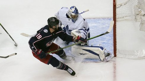 Pierre-Luc Dubois caps his hat trick with a game winner in overtime against the Toronto Maple Leafs.