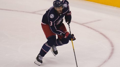 \Columbus Blue Jackets defenseman Seth Jones (3)carries the puck against the Toronto Maple Leafs during overtime of Eastern Conference qualifications at Scotiabank Arena. 