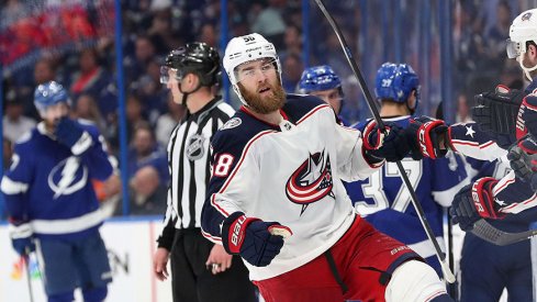 Davis Savard celebrates after scoring against the Tampa Bay Lightning in the 2019 Stanley Cup Playoffs.