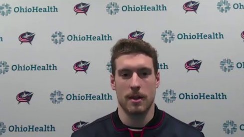 Pierre-Luc Dubois speaks to the assembled media as the Columbus Blue Jackets open up training camp.